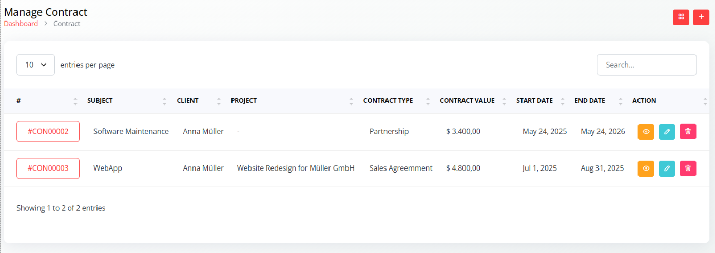 Contract Management Interface